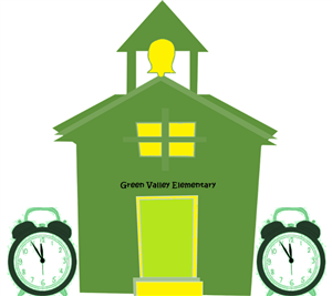 green schoolhouse with a yellow bell and yellow windows and two analog alarm clocks 